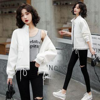 Stand Collar Drawstring Hem Zip Jacket