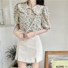 Puff-sleeve Collared Floral Print Blouse / Slit Mini Pencil Skirt