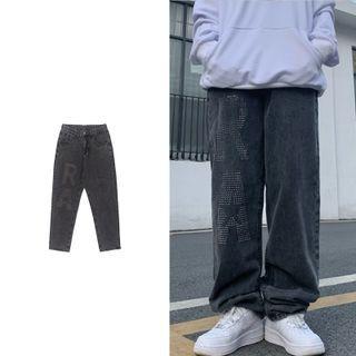 Straight Leg Letter Print Washed Jeans
