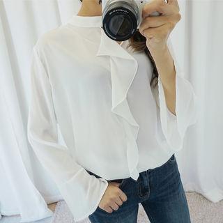 Ruffle-cuff Drape-front Chiffon Blouse