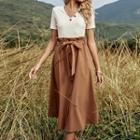 Ruffle Trim Tie-waist Plain Button-up Midi Skirt