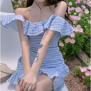 Short-sleeve Off-shoulder Check Mini Sheath Dress