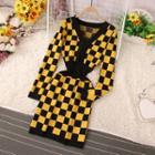 Long-sleeve Checker Print Sheath Dress