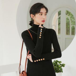 Turtleneck Ribbed Knit Top Black - One Size