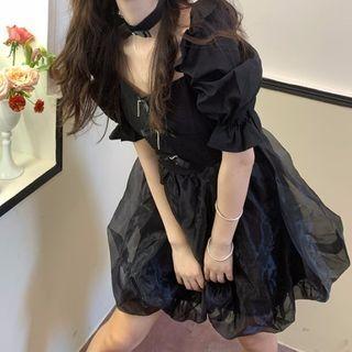 Short-sleeve Ruffle A-line Dress Black - One Size