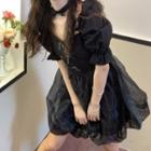 Short-sleeve Ruffle A-line Dress Black - One Size
