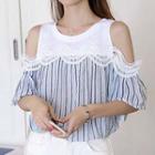 Striped Lace Trim Elbow-sleeve Top