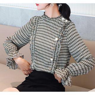 Long-sleeve Ruffle Trim Plaid Blouse