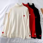 Loose-fit Heart-embroidered Turtleneck Sweater
