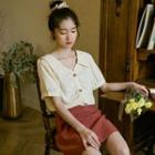 Short-sleeve Shirred Chiffon Blouse / A-line Skirt