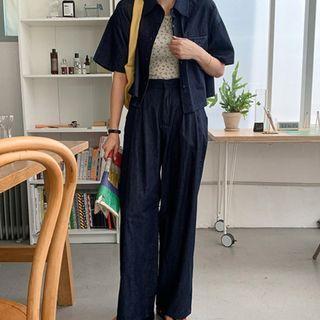 Denim Set: Cropped Shirt + Wide-leg Pants
