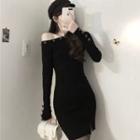 Long-sleeve Off-shoulder Knit Mini Dress Black - One Size