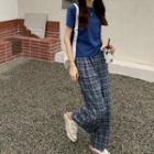Short-sleeve T-shirt / Plaid High Waist Wide Leg Pants