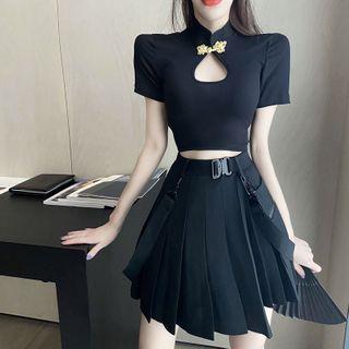 Short-sleeve Cropped Qipao Top / Pleated Mini A-line Skirt