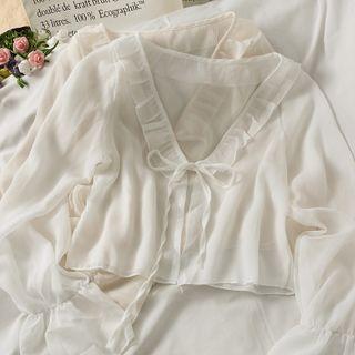 Tie-front Ruffled-trim Sheer Crop Top