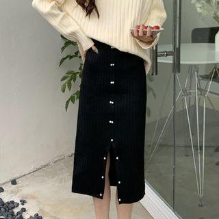 Medium Long Knit Single-breasted Mini Skirt