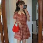 Short-sleeve Plaid Buttoned A-line Mini Dress As Shown In Figure - One Size