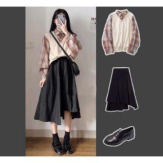 Mock Two-piece Plaid Shirt / Irregular Hem Midi A-line Skirt / Set
