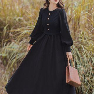 Lantern-sleeve Knit Panel Midi A-line Dress