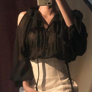 Cold Shoulder Chiffon Long-sleeve Top Black - One Size