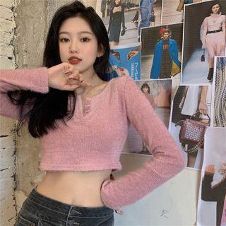 Long-sleeve Cropped Knit Top Pink - One Size
