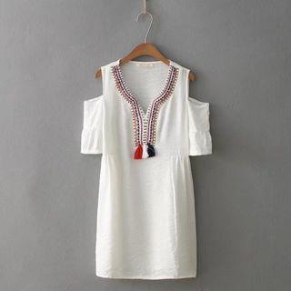 Short-sleeve Tasseled Cutout Dress