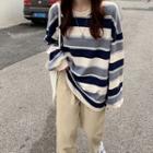 Color-block Stripe Oversize Pullover Blue - One Size