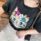 Short-sleeve Sequined Cat Print T-shirt