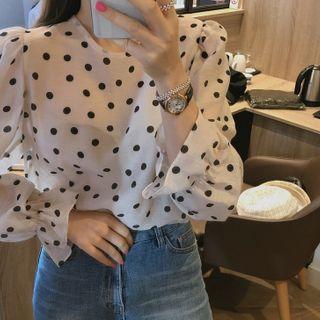 Balloon-sleeve Polka-dotted Blouse Ivory - One Size