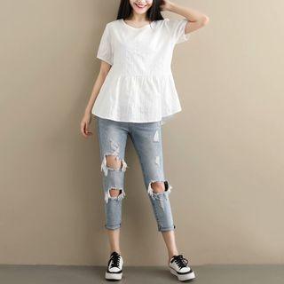 Plain Short-sleeve Blouse White - One Size