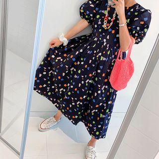 Puff-sleeve Geo-pattern Long Dress