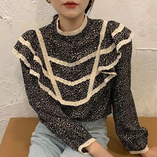 Frill Trim Floral Blouse Black - One Size