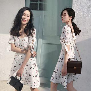 Square Neck Cherry Print Chiffon Dress