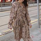 Long-sleeve Leopard Print Ruffle Trim Midi Dress
