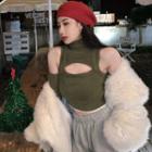 Set: Turtleneck Cutout Knit Crop Tank Top + Arm Sleeves