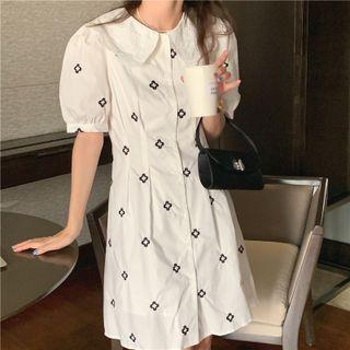 Puff-sleeve Floral Embroidered Mini A-line Dress / Top
