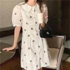 Puff-sleeve Floral Embroidered Mini A-line Dress / Top