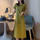 Short-sleeve Split Midi T-shirt Dress Avocado Green - One Size