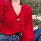 Heart Button Cardigan Red - One Size