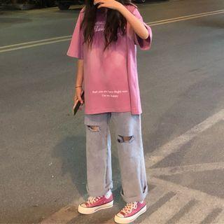 High-waist Washed Ripped Straight-cut Pants