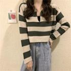 Long-sleeve Striped Open-collar Knit Top