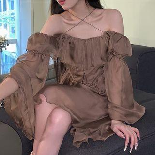 Long-sleeve Off-shoulder Asymmetrical A-line Dress
