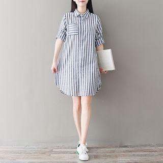 Front Pocket Striped Shirtdress