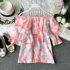 Tie-dye Off-shoulder Chiffon Blouse Pink - One Size
