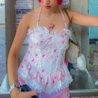 Halter-neck Lace-trim Floral Print Ruffled Camisole Top