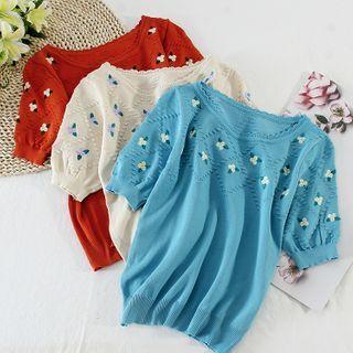 Flower Trim Collar Embroidered Knit Top