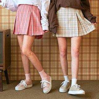 Band-waist Pleated Check Skirt