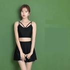 Set: Plain Bikini Top + Skirt + Long-sleeve Cover-up Top