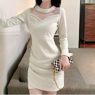 Long-sleeve Mesh Panel Glitter A-line Dress