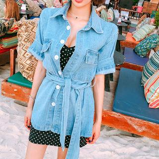 Flap-pocket Denim Shirt Jacket With Sash
